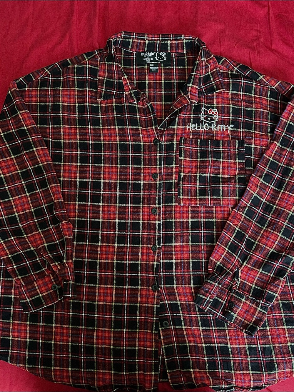 Forever 21 Hello Kitty Red and Black Plaid Casual Button-Down Shirt